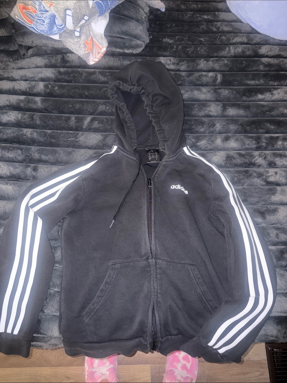 adidas Black Hooded Puffer Jacket with White Stripes